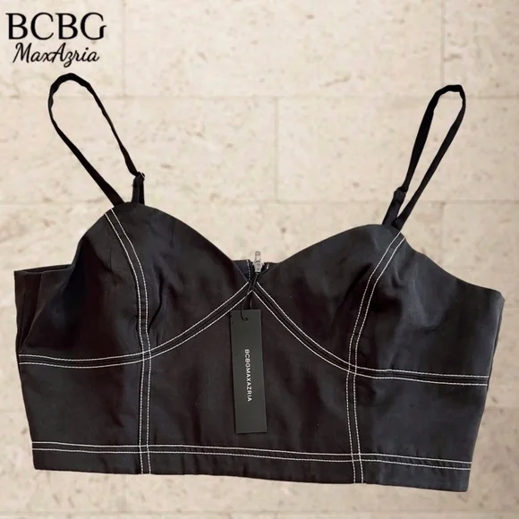 BCBGMAXAZRIA Topstitch Bustier-Style Full Zip Back Crop Top/Dk. Navy/LG NWT